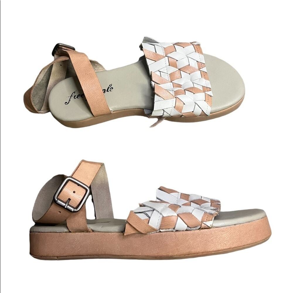 Free People Sandals Womens 8.5 39 Tan White Flatform Ankle Strap Wrap Neutral